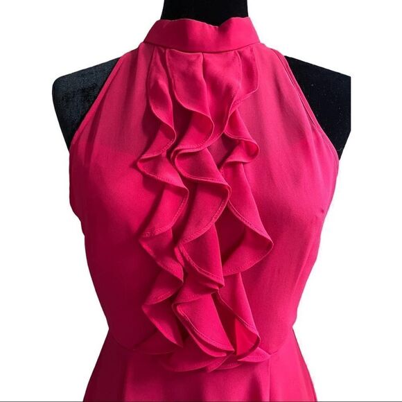 BCBGeneration Rouge Red Pink Ruffle Sleeveless Open Back Chiffon Halter Dress 4 - Picture 2 of 7